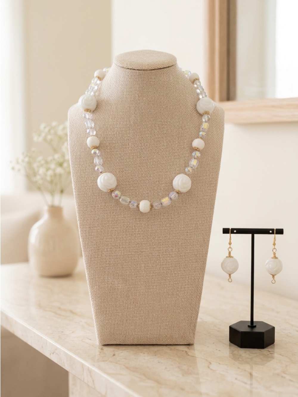 Elegant Clear AB Crystal & Carved White Coral Necklace & Earrings Set
